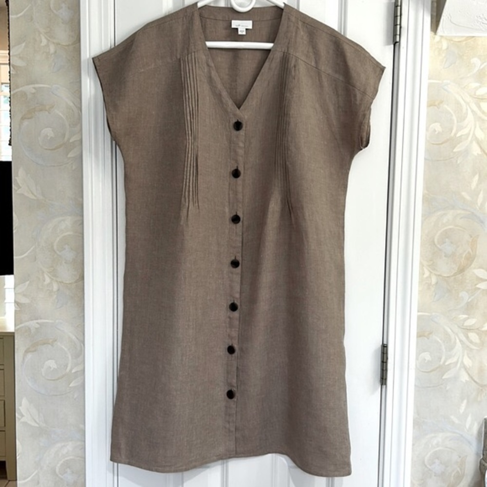 J. Jill Taupe Linen Button-Front Shift Dress